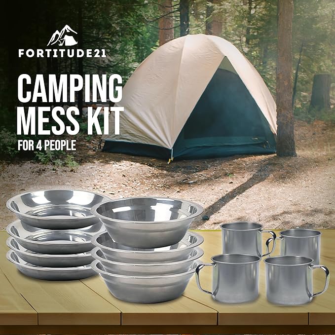 Stainless Steel Camping Mess Kit - Person's Complete Picnic &amp Camp Dish Set Includes Plate Bowl Cup &amp Utensils