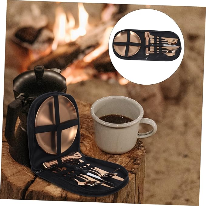 1set Stainless Steel Cutlery with Case Portable Camping Utensil Kit for Outdoor Dining Elegant Finish Includes Spoons Forks Knives Easy to Clean for Picnics and Hiking