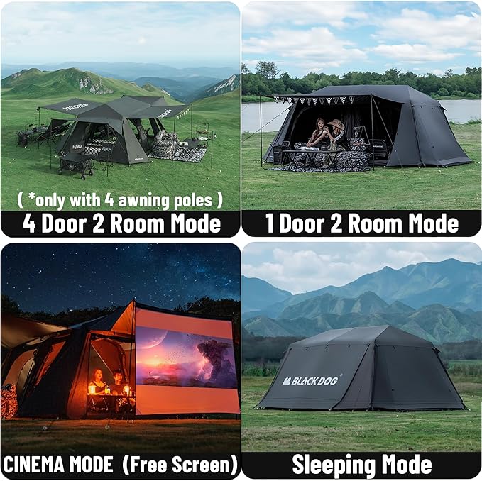 Blackdog 11㎡/116ft² 8-10 Person Camping Tent with Movie Screen 6 Door 2 Room Large Cabin Tent with 5-Sided Mesh Windows Waterproof Big Family Tents for Hiking