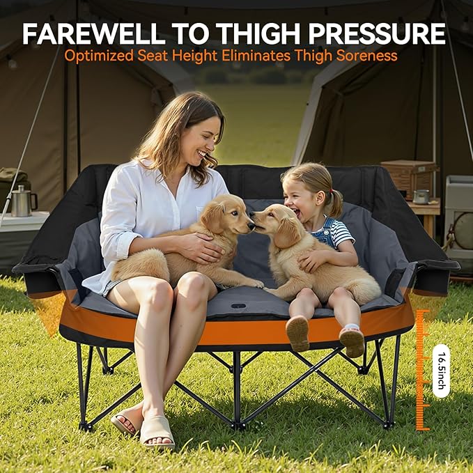 Double Camping Chair Oversized Padded Camping Chairs for Adults Folding Loveseat with Cup Holders and Side Pockets Heavy Duty Outdoor Lawn Chairs for CampingSports FishingBeachBlack
