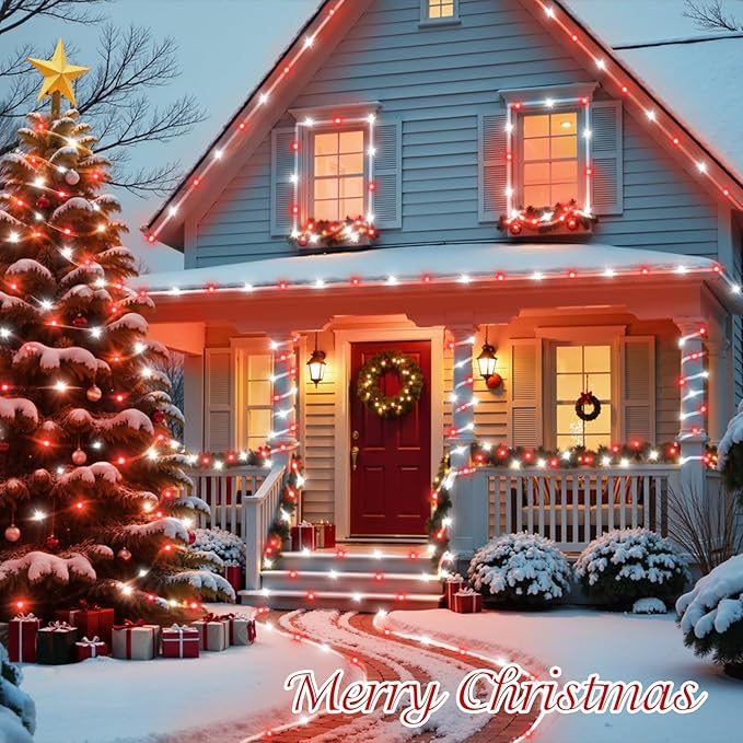 QITONG Red and White Solar Rope Lights 2 Pack Each 33ft 100 LED Christmas String Light 8 Modes Fairy Lights in Clear Thin Tube