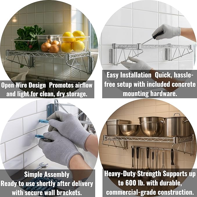 18 x 24 Chrome Wall-Mounted Wire Shelf Kit with Clip-in Ingredient Storage Bins Heavy-Duty Steel Rack Supports up to 600 lb Flip-Top Lids Open-Wire Design for Kitchen/Prep/Storage