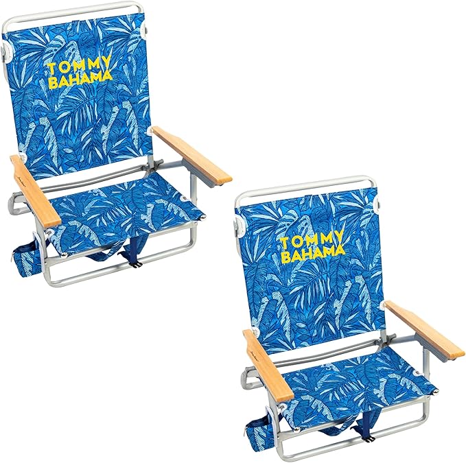 Tommy Bahama 2-Pack 5-Position Classic Lay Flat Backpack Beach Chair with Cooler and Cup Holder Portable Folding Beach Chair for Tanning Blue Tropical Leaves