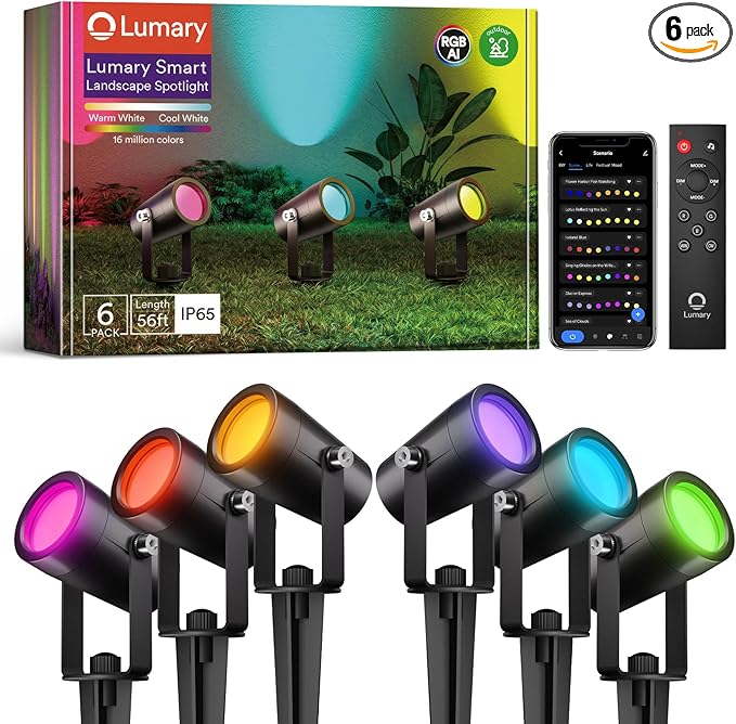 Lumary 56FT Smart Landscape Lights Gen2 6 Pack RGBAIWW Color Changing Spotlights Low Voltage Outdoor Lights for Yard Festival Compatible with Alexa &amp Google Assistant