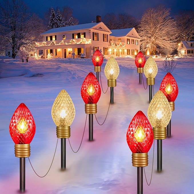 Brightown Strawberry Jumbo C9 Christmas Pathway Lights Outdoor - 2 Pack Total 17 Feet 10 LED Jumbo C9 Walkway Lights Christmas Light Outdoor Decorations for Lawn Yard Holiday Red &amp Warm White