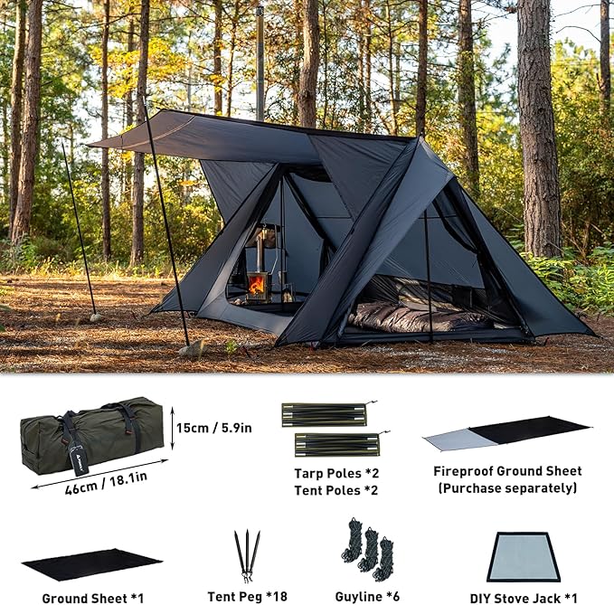 POMOLY Hot Tent Bushcraft Tent STOVEHUT 20 Ultralight Shelter with 4 Poles for 1-2 Person Camping Hiking Backpacking (Blue Grey)