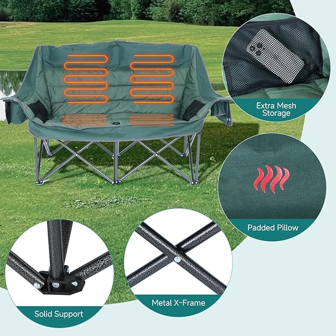 CDEN Heated Double Camping Chair Padded Oversized Folding Loveseat Portable Outdoor Sofa with Cup Holders Carry Bag Cooler Bag Bottle Opener for Camping Picnic BBQ Lawn Fishing (Green)