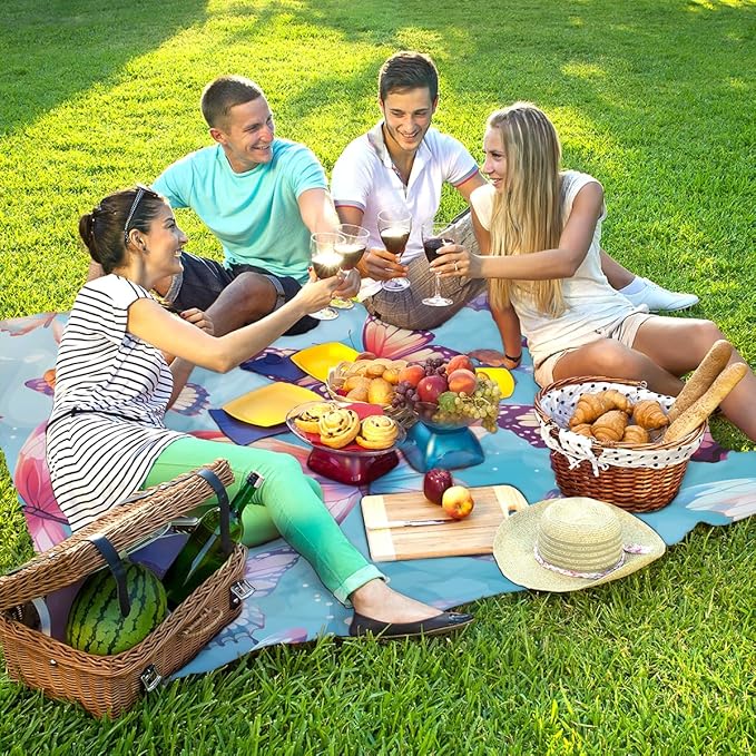 Waterproof Sandproof Beach Blanket 59''×68'' Butterfly Polyester Outdoor Picnic Blanket with 4 Stakes &amp Storage Bag for BeachCampingVacation Pale Green