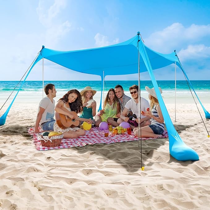 COMMOUDS Beach Tent Sun Shelter - UPF50+ Pop Up Beach Canopy with Sandbags &amp Sand Shovel &amp Windproof Poles Portable Sun Shade for Beach Camping Picnics Backyard