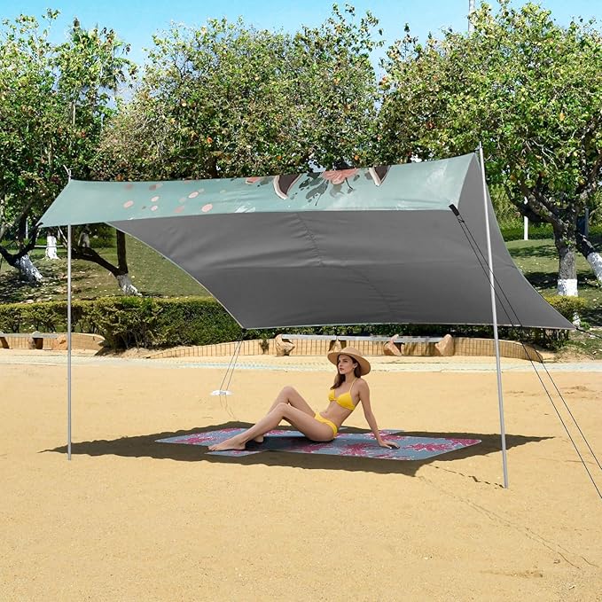 Grey Horse with Floral Beach Tent Sun Shelter 9.2' x 10.5' Beach Canopy with 4 Sandbags 4 Stability Poles Sand Shovels - Tent Canopy for Beach Camping Fishing Picnics