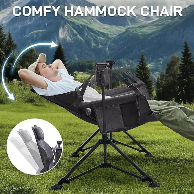 EVER ADVANCED Padded Hammock Camping Chair Oversized Heavy Duty Swing Chair with Detachable Cup Holder Portable Folding Rocking Camping Chair Support Up to 400lbs