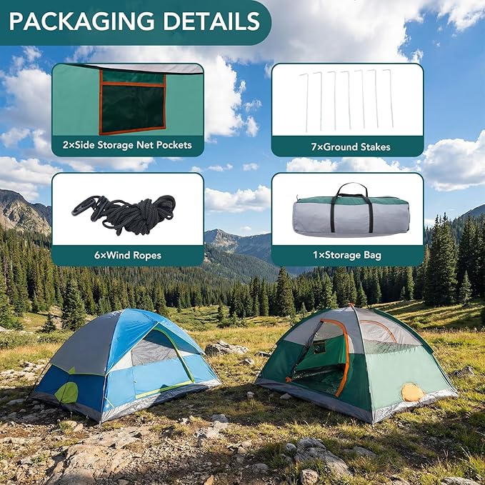 OLIXIS Camping Tent 2/4 Person Waterproof Windproof Dome Tent with Multi-Directional Ventilation Quick 5 Min Setup for Family Outdoor Backpacking Hiking