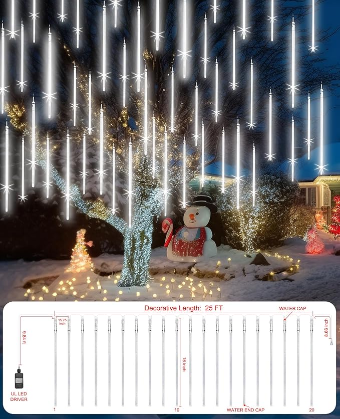 Christmas Lights Outdoor 16 Inch 20 Tubes Meteor Shower Rain Light Waterproof Falling Icicle String Lighting for Xmas Tree Yard House DecorShine White