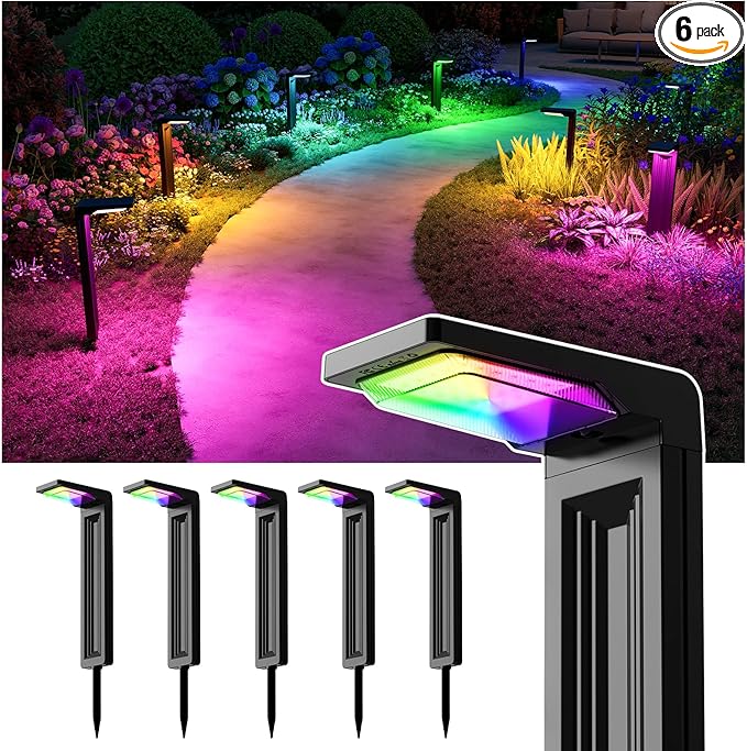 6 Pack Color Changing Solar Pathway Lights Outdoor Waterproof 20 LED Solars Powered Walkway Landscape Lamp for Garden Lawn Path Yard Driveway Sidewalk 8 Colorful Accent Lighting Decoration(RGB)