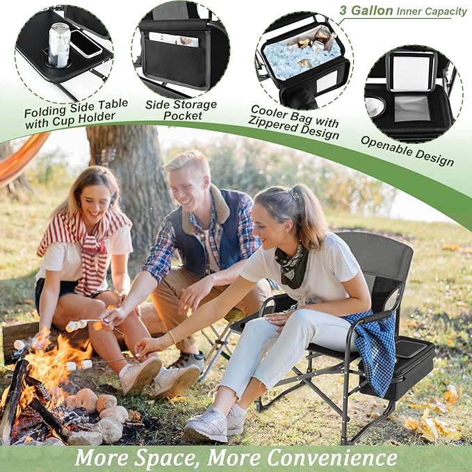 Giantex Camping Chair with Side Table Storage Pocket Cooler Bag Shoulder Strap Handle Support 400 Lbs Folding Directors Chair for Artist Makeup Lawn Fishing Picnic Black