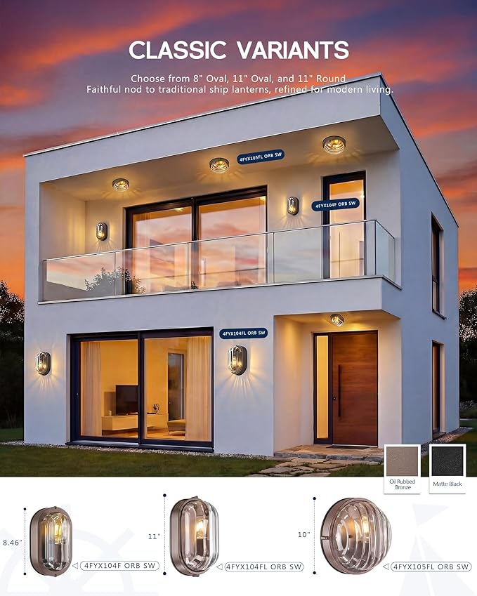 FEMILA 8.5 Oval Bulkhead Light Modern Exterior Wall Sconce ORB 2 Pack Outdoor Wall Light &amp Ceiling Flush Mount Ripple Glass IP44 Waterproof Front Porch Light for Patio 4FYX104F-2 ORB SW