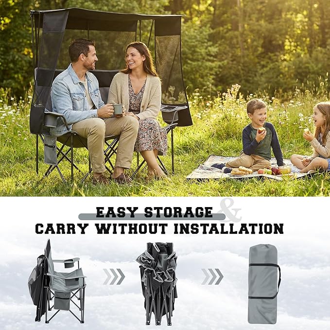 Double Camping Chair with Canopy Shade 660lbs Folding Beach Loveseat with Padded Seat and Cup Holders 4-Zone Heated Outdoor Chair for Beach Camp Use 5v/3a Power Bank(Black and Grey)