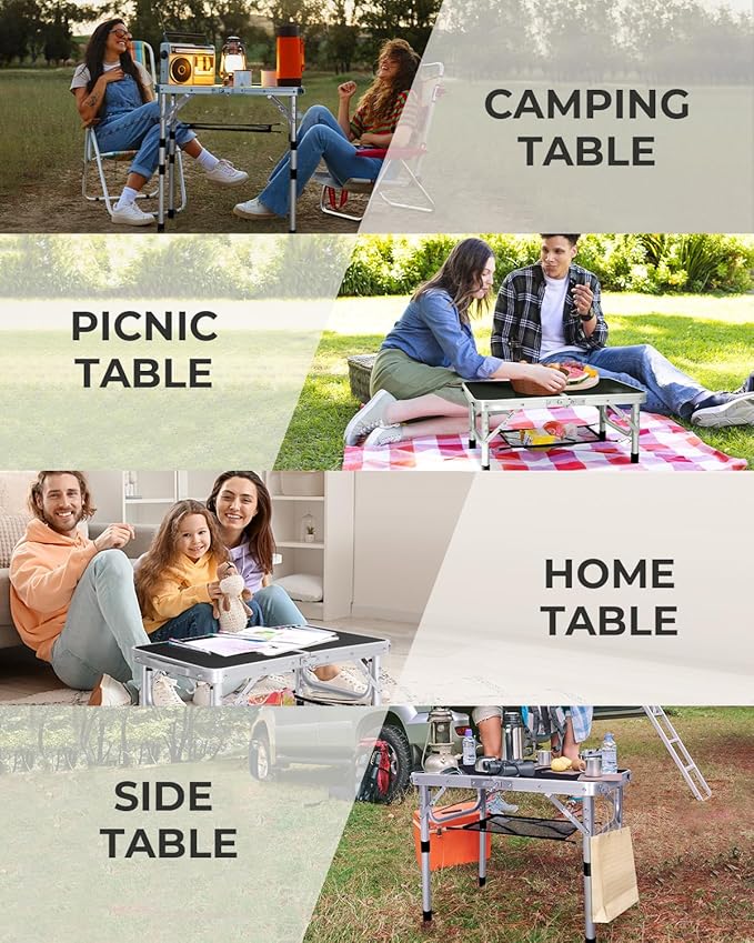 Sportneer Camping Table: Adjustable Height Small Folding Table 23.6 L x 15.7 W 4 Height with Mesh Layer - Compact &amp Portable Camping Essentials for Outdoor Camp Garden Picnic BBQ Dining Cooking