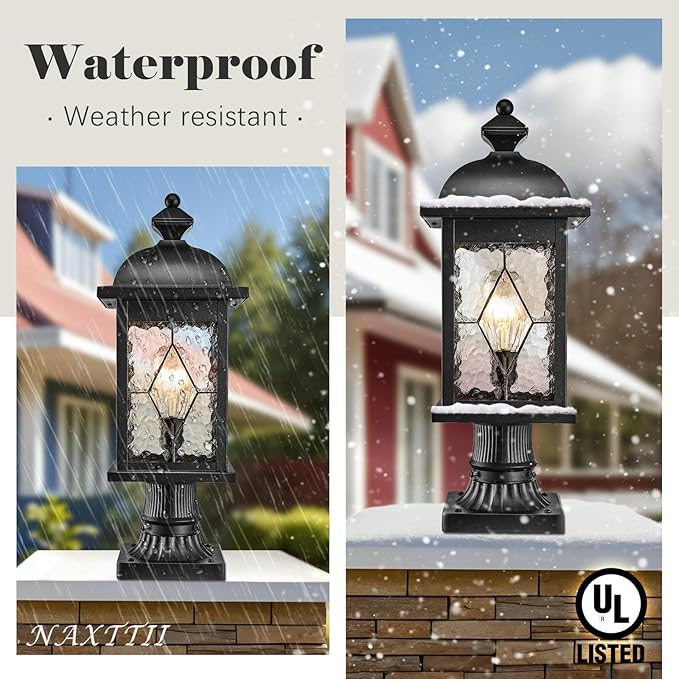 Outdoor Post Lights Exterior Pillar Lantern with Water Ripple Handmade Glass Black Finish 21 Inch Height Large Size Outdoor Post Lighting Fixtures for Walkway Porches Doorway or Garden