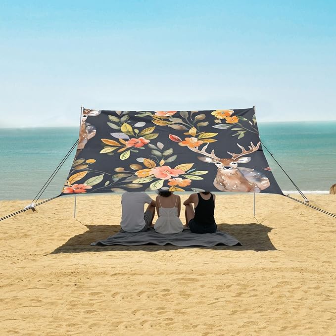 Watercolor Pattern with Deer and Flowers Camping Sun Shelter Beach Tent Portable Beach Sun Shade Outdoor Canopy for Camping Trips Fishing Picnic