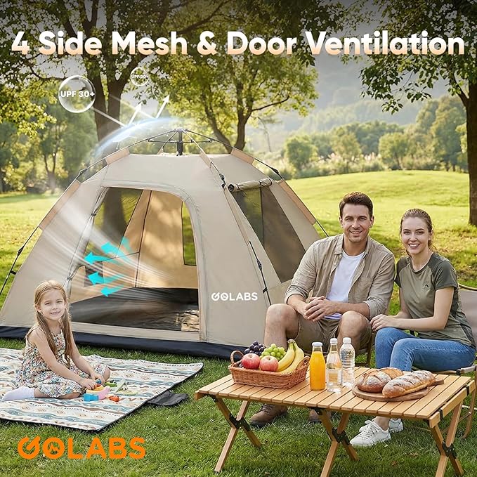 Golabs CT3 2 Person Instant Camping Tent 1-Minute Setup by Pre-Attached Pole 4 Side Mesh &amp Door Ventilation Lightweight 4.8lbs Portable Design with Carry Bag Inner Storage Pockets &amp Hooks