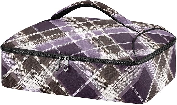Casserole Carrier Print Purple Brown Tartan Plaid Insulated Casserole Carrier for Hot or Cold Food Thermal Lunch Tote for Parties Picnic Travel Carry Bag