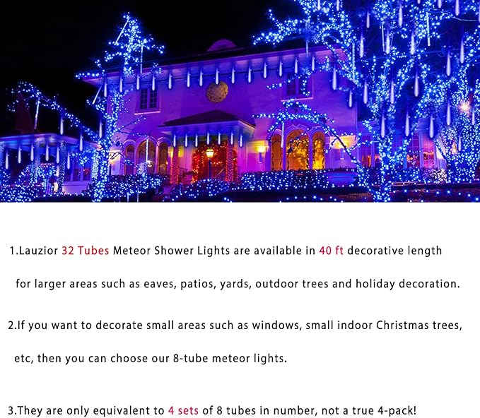 Christmas Lights Outdoors 32 Tubes(Equivalent to 4 Sets of 8-Tubes) Meteor Shower Rain Lights - Blue lcicle Christmas Light Outdoor for Xmas Tree Wedding Party Holiday House Yard Decor UL Plug