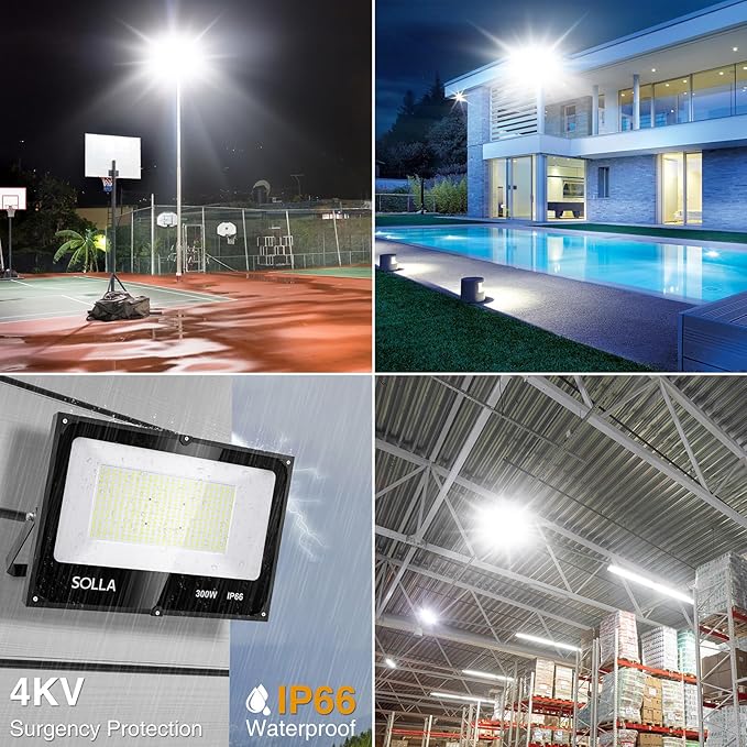 SOLLA 300W LED Stadium Flood Light with Dusk to Dawn Photocell Extreme Bright 6000K 30000LM 110-265V IP66 Waterproof Perfect Arena Light for Garden Rooftop Backyards Streets