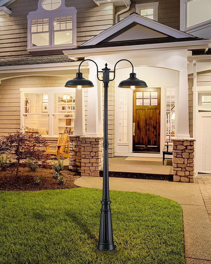 Outdoor Post Light Dusk to Dawn Outdoor Lamp Post Lights 2-Head Farmhouse Street Light Fixture Exterior Black Pole Lights Waterproof Lantern Lamp Outdoor Lighting for Garden Patio Pathway
