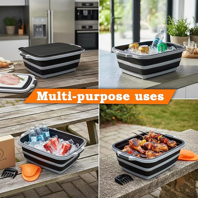 BBQ Prep Tub | Meat Prep Tub with Locking Lid 2 Meat Shredder Claws &amp BBQ Mitts Collapsible with Cutting Board Drain Plug Portable for Camping &amp Grill Design PicnicMarinating MeatVersatile