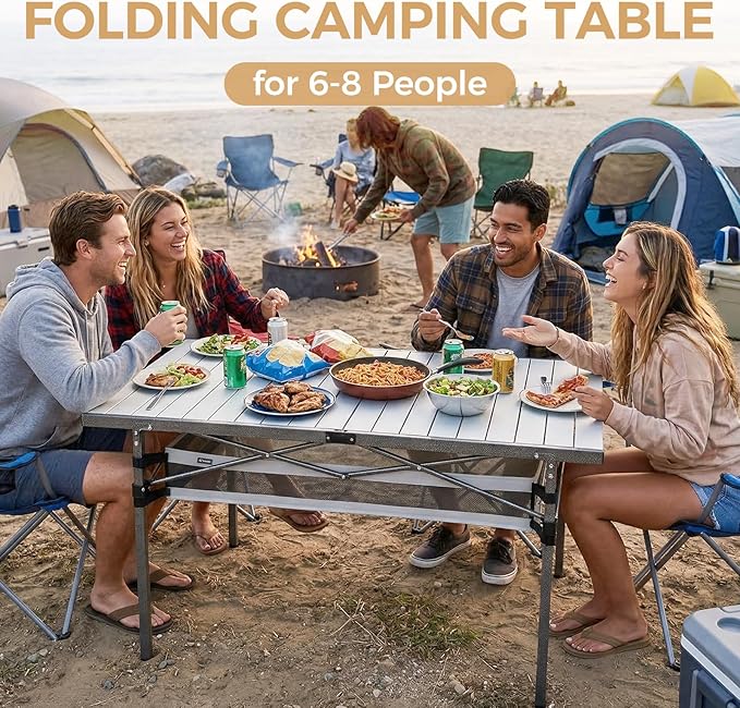KingCamp Folding Camping Table Aluminum Roll-Up Camp Table Large Foldable Table for 4-6 Person Outdoor Portable Tables with Carry Bag 180 LBS Heavy Duty Load (Silver+Mesh：53.5 × 27.5)