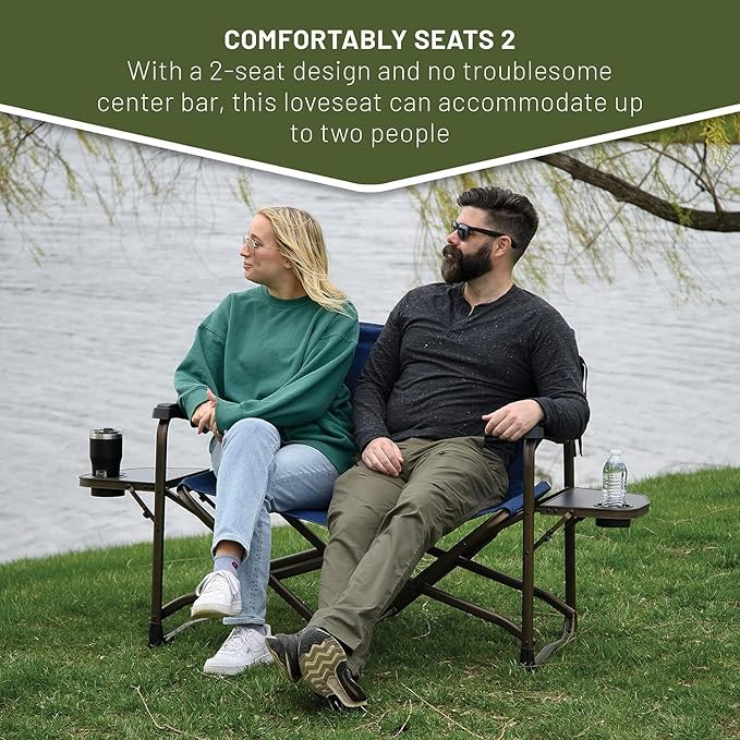 Timber Ridge Double Camping Chair Foldable Loveseat Directors Chairs Oversized Double Folding Camping Chairs with 2 Side Tables 2 Person Lawn Chair Heavy Duty Support 600 LBS for Outdoor Blue