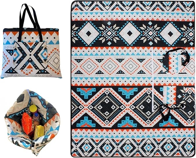 Outdoor Packable Picnic Blanket with Zipper Folds into Tote Bag with Large Storage and Shoulder Strap Waterproof Sandproof for Lawn Beach Hiking Camping (colorful2 Large)