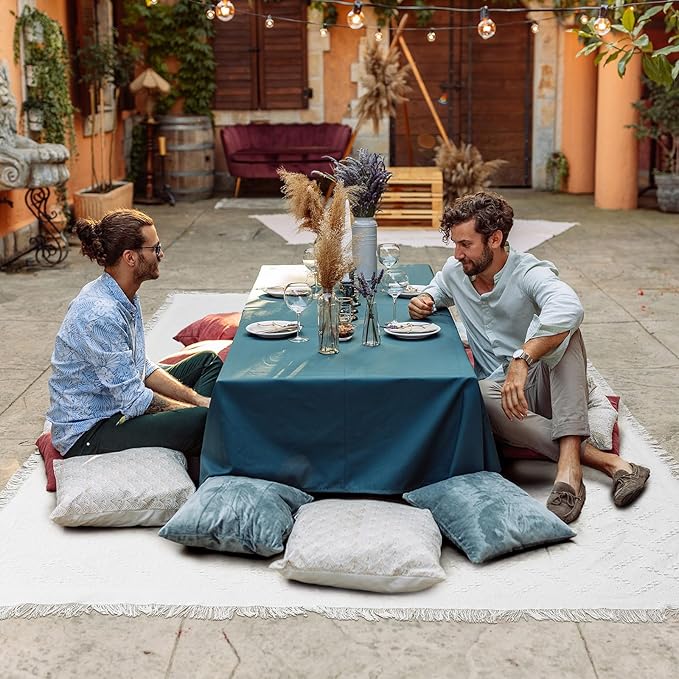 91x 71 in Extra Large Outdoor Picnic Blanket with Waterproof Mat Oversize Beach Woven Cotton Yarn Blanket with Fringe Machine Sandproof for Spring Summer Camping Beach Park(BohoWhite)