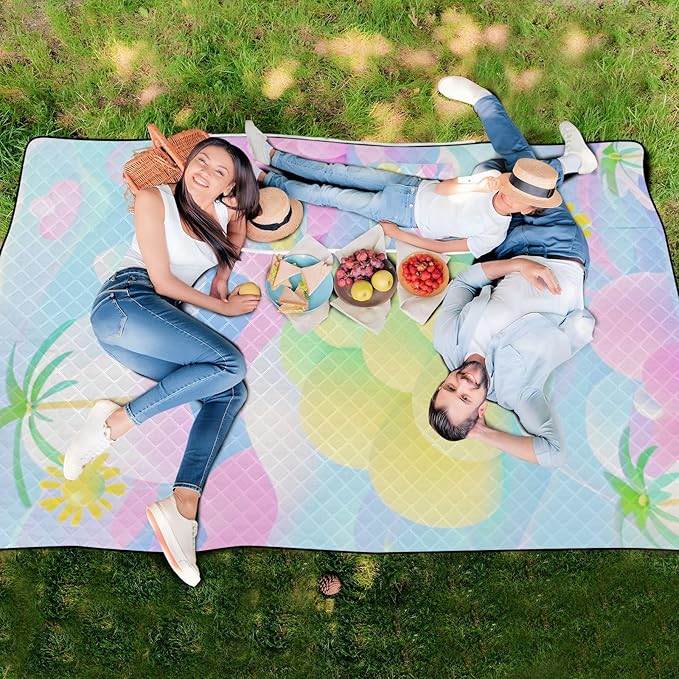 Outdoor Blanket Packable Beach Waterproof Blanket for Family Concert Blankets Cartoon Cute Blue Pink Flowers 60x80in