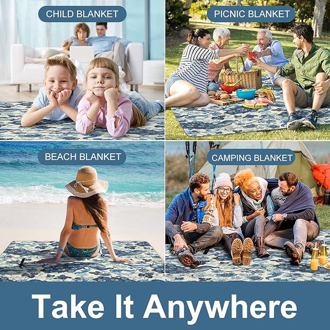 Blue and White Chinese Style Chinoiserie Folk Waterproof Outdoor Picnic Blanket Sandproof Beach Mat for Camping Hiking Grass Travelling