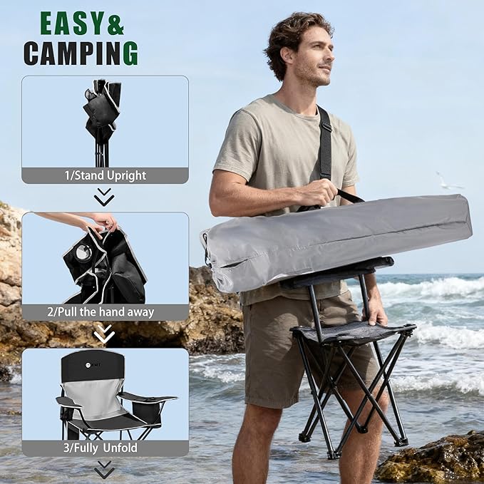 Portable Outdoor Folding Chair with Cup Holder &amp Cooler Bag - Breathable Mesh Wide Armrests Ergonomic Design for Camping Beach Backyard - Includes Storage Bag &amp Bottle Opener (Black/Green/