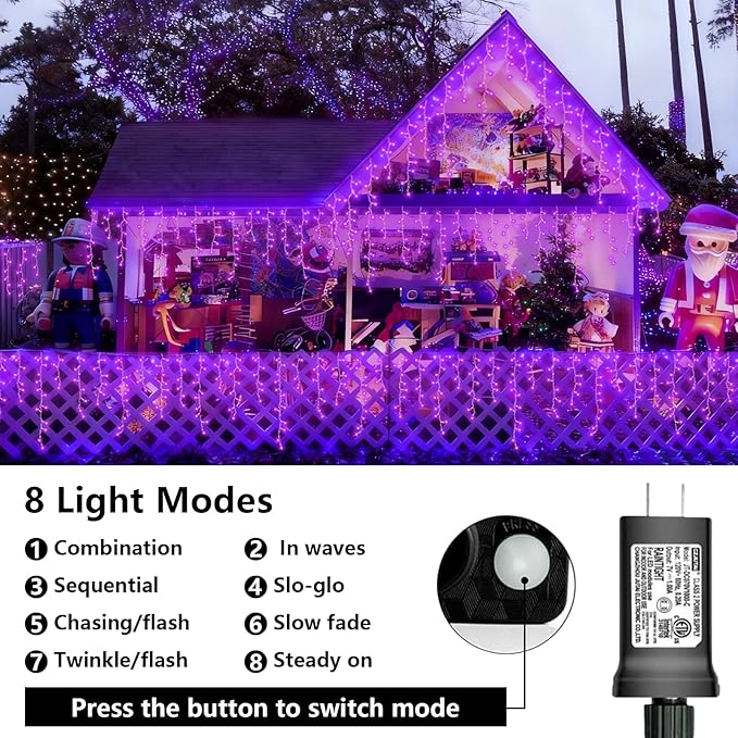 QITONG Purple Icicle Lights for Outside 33ft 400 LED String Light Indoor Plug in Clear Wire Connectable Icicle Christmas Lights with 8 Modes