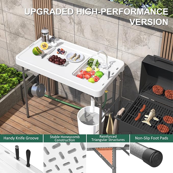 Fish Cleaning Table with Sink 42.5 Folding Camping Table &amp Fish Cleaning Station with Measure Mark Camping Sink with Hose Hookup for Outdoor Picnic Beach Dock &amp Patio Use