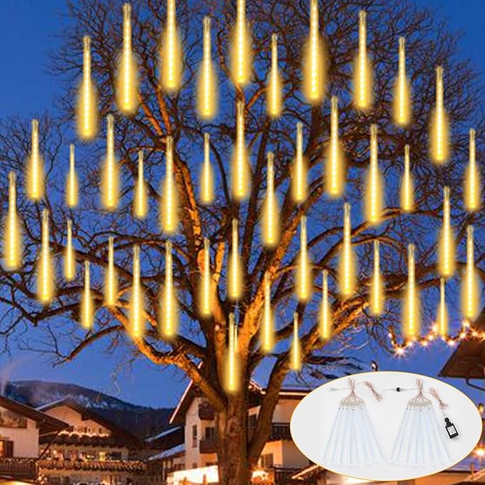 2 Pack Extendable Christmas Lights Decorations Outdoor 16 Tubes 384 LEDs Meteor Shower Lights with Timer Cascading Falling Rain String Lights Plug in for Holiday Graden Tree Xmas Decor (Warm White)