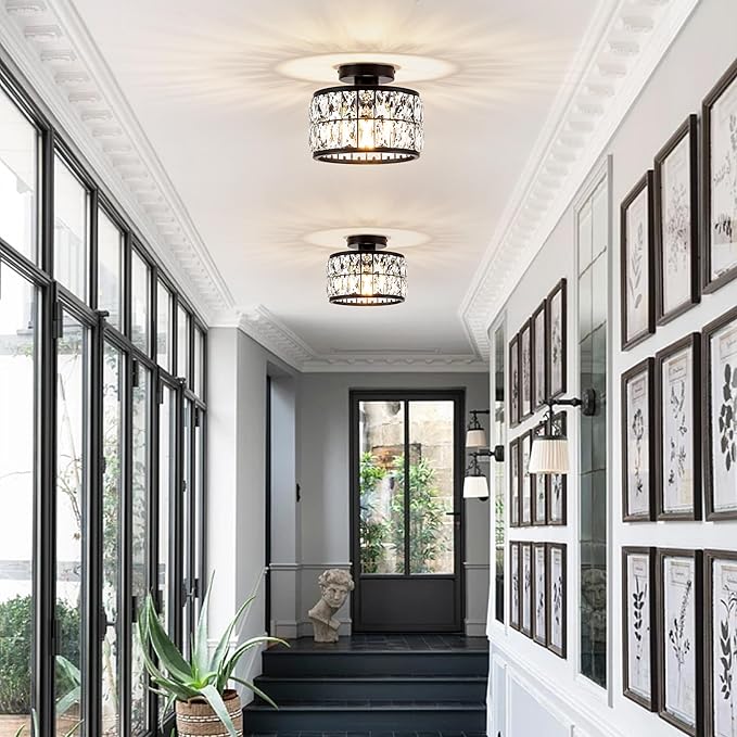 Crystal Ceiling Light Fixture Modern Semi Flush Mount Ceiling LightCrystal Chandelier for Kitchen Bedroom Bathroom Entryway Black Finish
