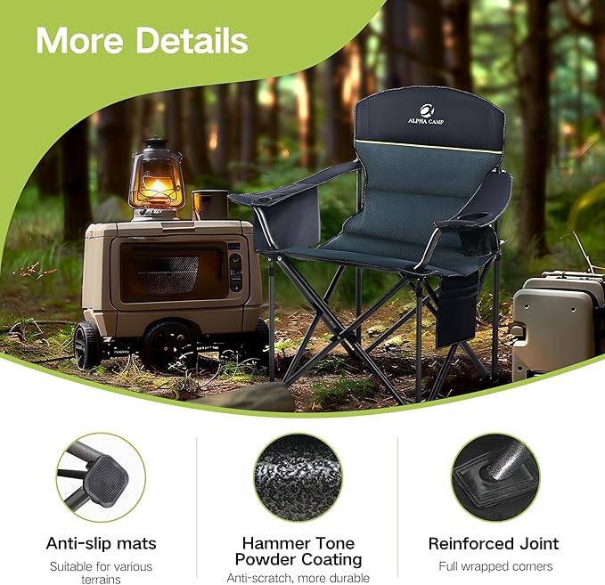 GREEN PARTY Folding Camping Chair Oversized Heavy Duty Lawn Chair with Cooler Bag Cup Holder Storage Pocket Collapsible Padded Outdoor Arm Chair Quad Lumbar