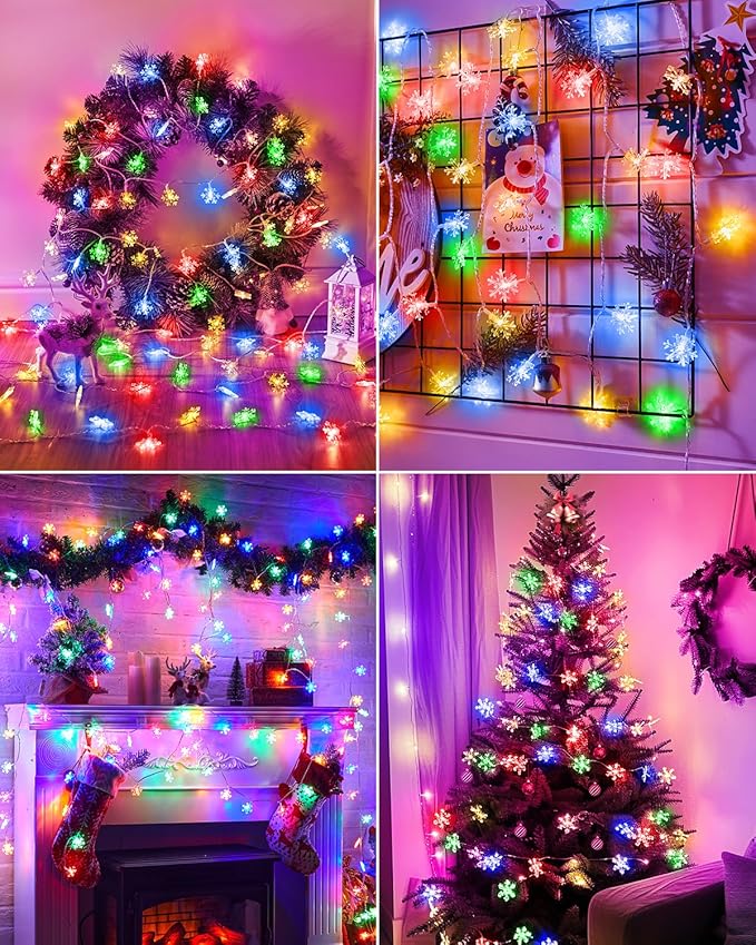 Brightown Solar Christmas Snowflake String Lights 72FT 200 LED Outdoor Waterproof Fairy Lights with 8 Lighting Modes for Wedding Party Tree Room Garden Patio Yard Home Muliticolor