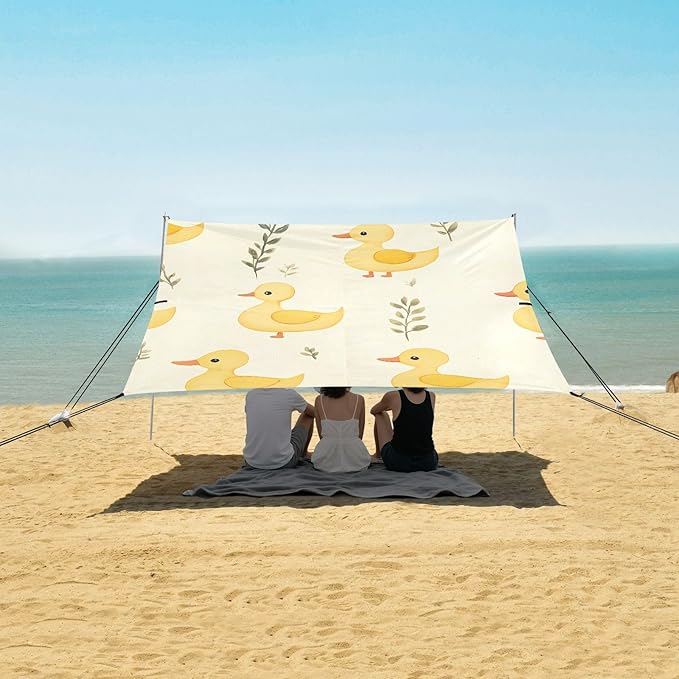 Yellow Duck Leaves Pattern Camping Sun Shelter Beach Tent Portable Beach Sun Shade Outdoor Canopy for Camping Trips Fishing Picnic