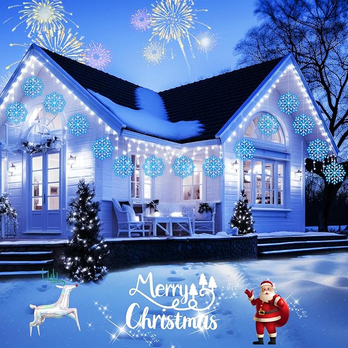 Brightown Christmas Snowflake Icicle Lights Outdoor - Plug-in 23.6ft 10 Drops 480LED Snowflake Window Lights for Indoor Outdoor Porch Eaves Rooftops Canopy Christmas Decoration Blue and White