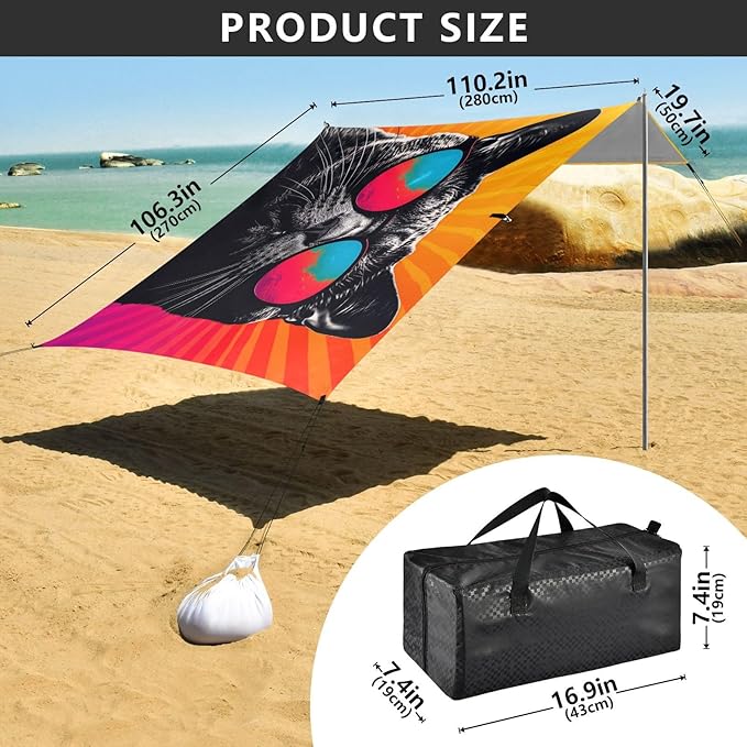 ALAZA Black Cat Beach Tent Sun Shelter UPF50+ Protection Beach Shade Canopy w/ 4 Sandbags for Outdoor Camping Fishing Backyard Fun Picnic 10x9 ft