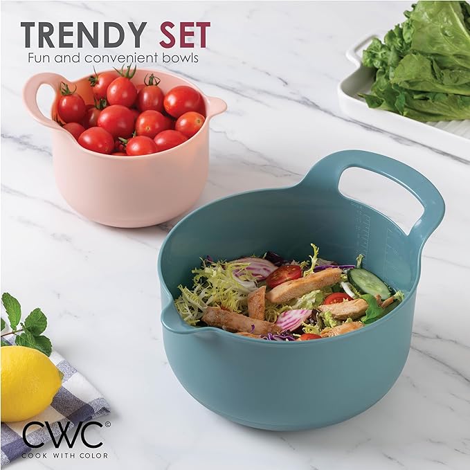 COOK WITH COLOR Nesting Plastic Mixing Bowl Set with Pour Spouts and Handles Teal and Pink 4 Piece Non-Slip
