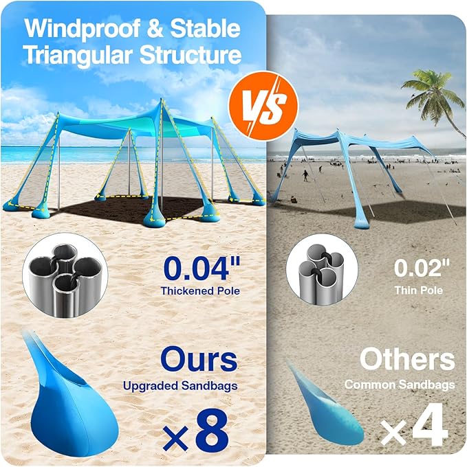 Rhino Valley Beach Tent Shade Canopy UPF50+ Protection 8 Sandbags 4 Stability Poles Outdoor Sun Shelter Umbrella for Sand Camping Fishing Essentials