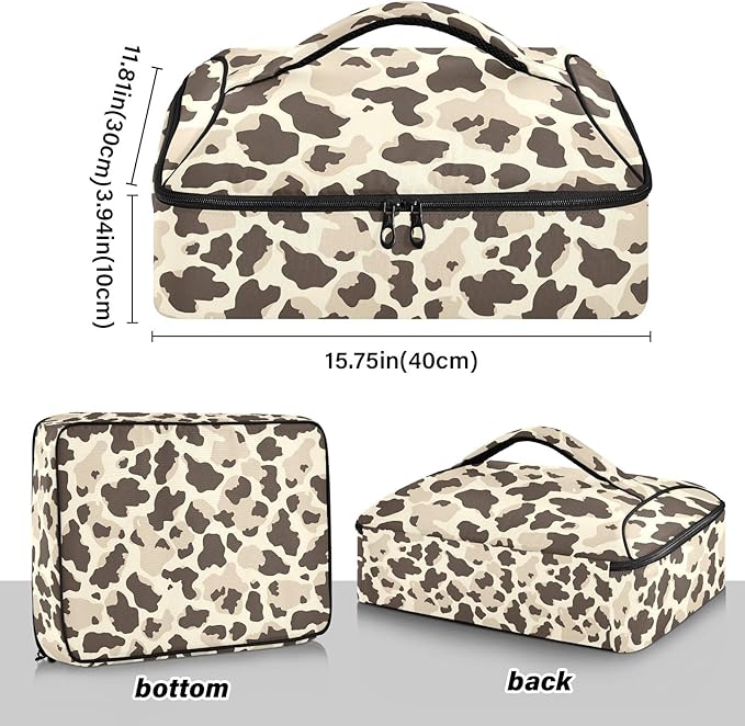 Casserole Carrier Cow Spots in Brown and BeigeInsulated Casserole Carrier for Hot or Cold Food Thermal Lunch Tote for Potluck Parties Picnic Beach Fits 9 x 13 Inches Baking Dish