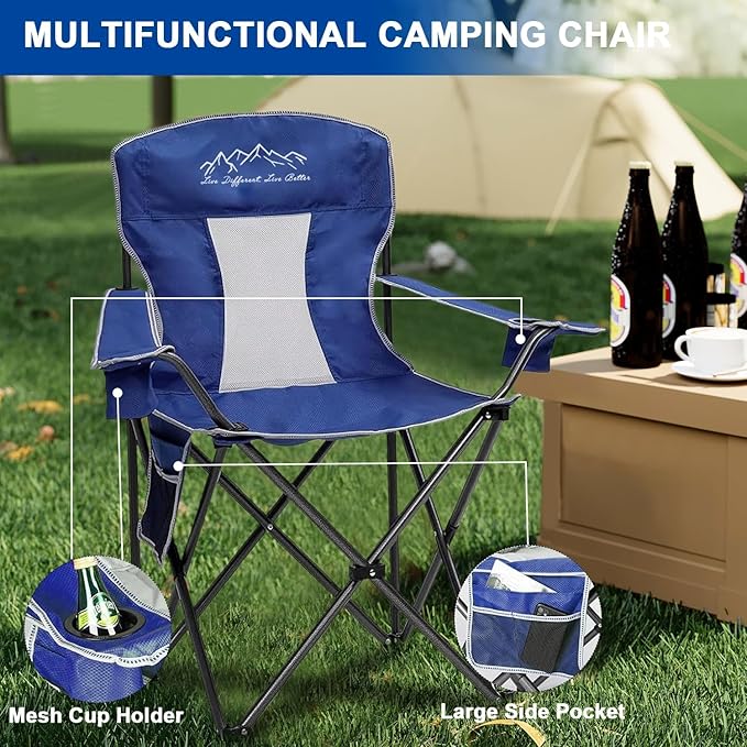 2 Pack Folding Camping Chairs with High Back Comfortable Large Outdoor Chairs for Adults 400lb Capacity Heavy Duty Breathable Mesh Portable Chair with Storage Bag for Camping Fishing Blue